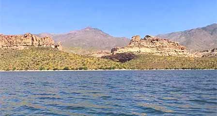 Apache Lake Arizona surrounded by desert mountains and scenic shoreline
