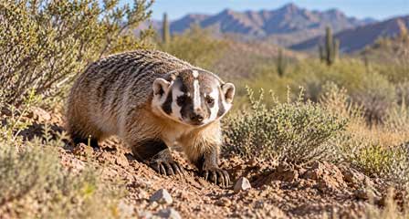 American badger prowling in Arizona desert rocks and cactus