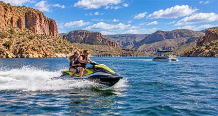Two people riding a jet ski on Canyon Lake Arizona with a recreational boat and desert canyon cliffs in the background