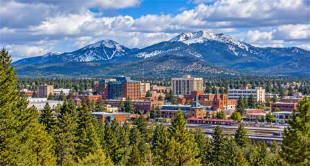 Downtown Flagstaff Arizona with the San Francisco Peaks in the background