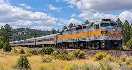 Grand Canyon Railway passenger train traveling through northern Arizona between Williams and the Grand Canyon South Rim