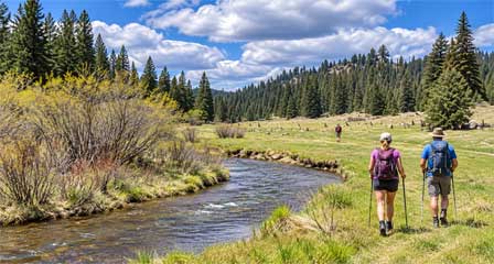 Hiking trail along the Little Colorado River through pine forest near Greer Arizona