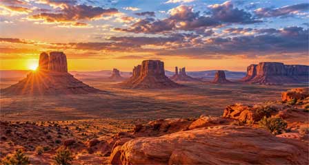 Sunrise illuminating sandstone buttes and mesas at Monument Valley Navajo Tribal Park beneath a partly cloudy sky