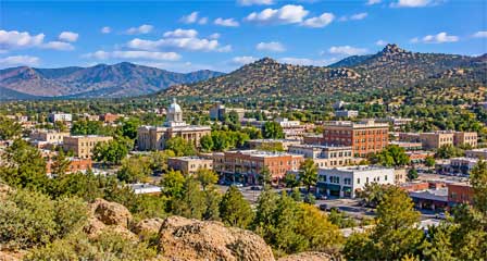 Historic Courthouse across from Whiskey Row and numerous hotels and buildings in downtown Prescott, Arizona