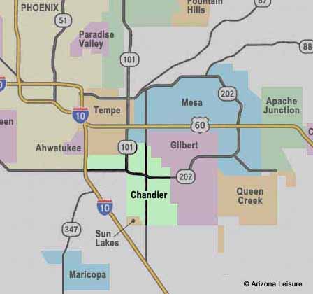 Map of Chandler Arizona showing major roads and nearby Phoenix East Valley communities