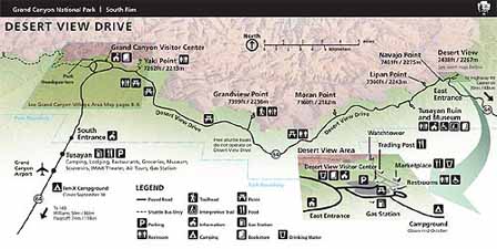 Map Showing Desert View Scenic Route connecting the Grand Canyon Village with Desert View.