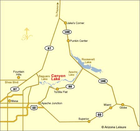Arizona road map showing Canyon Lake northeast of Apache Junction along State Route 88