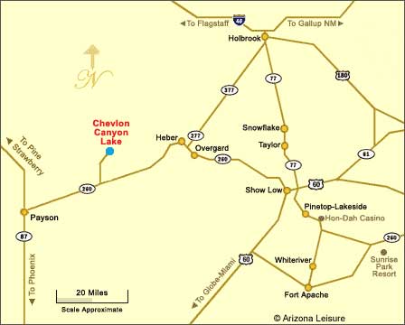 Map to Chevlon Canyon Lake Arizona showing SR 87 SR 260 Mogollon Rim and surrounding Rim Country communities