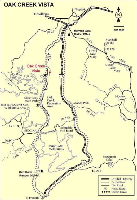 Map showing Oak Creek Canyon Vista Overlook on Highway 89A between Flagstaff and Sedona Arizona