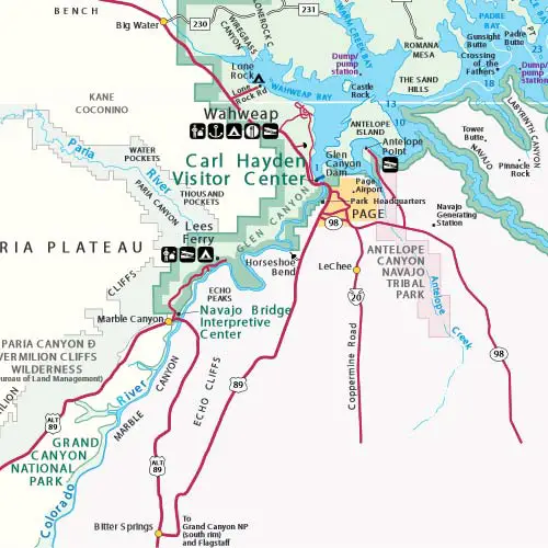 Map showing location of Page, Arizona in relationship to Lake Powell and other attractions