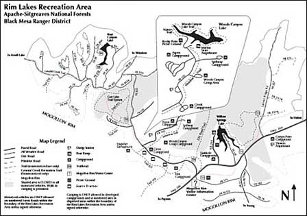 Map showing Bear Canyon Lake, Woods Canyon Lake, Willow Springs Lake and Forest Road 300 on the Mogollon Rim