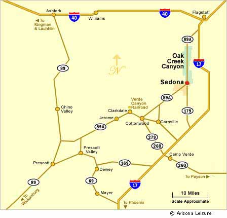 Sedona and Verde Valley Arizona map showing Cottonwood, Jerome, Camp Verde and nearby communities