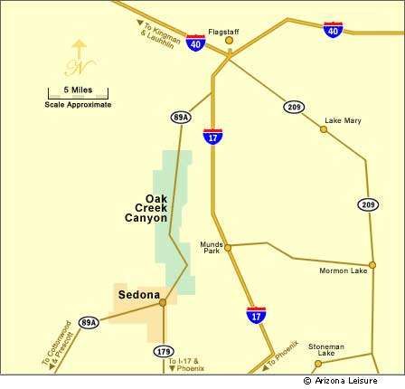 Sedona Arizona regional map showing Oak Creek Canyon, Flagstaff, Phoenix, Prescott and the Grand Canyon