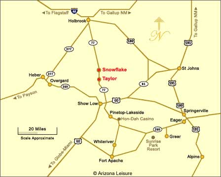 Map showing Snowflake, Taylor and the Arizona White Mountains region
