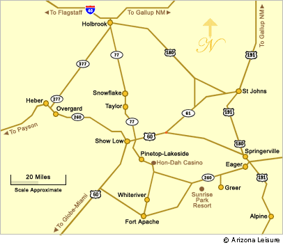 Map To Hon-Dah Casion in The White Mountains, near Pinetop Arizona
